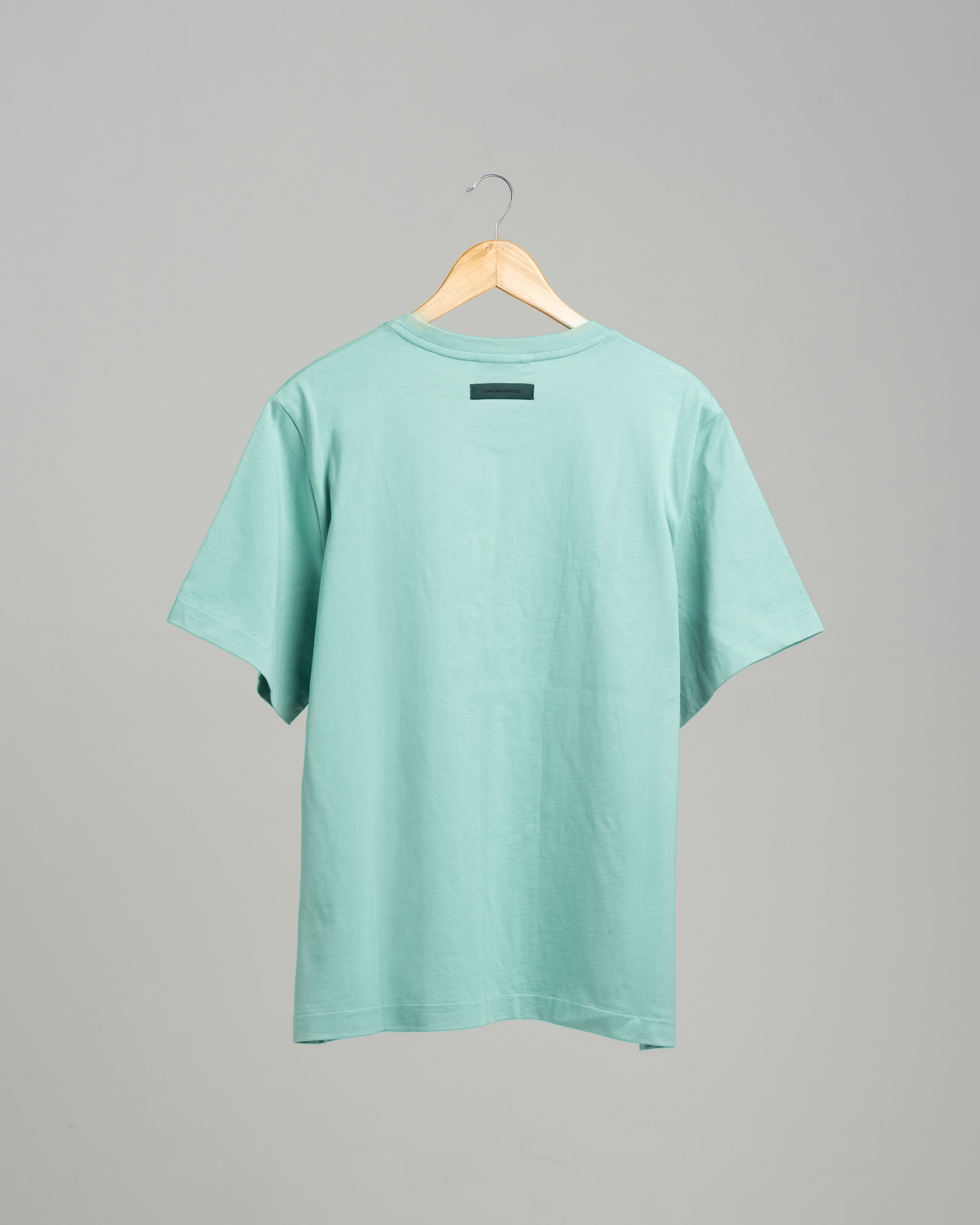 Green SELECT DISTINCT ORIGIN Essentials No.1 T-shirt in 100% organic cotton, back view on male model.