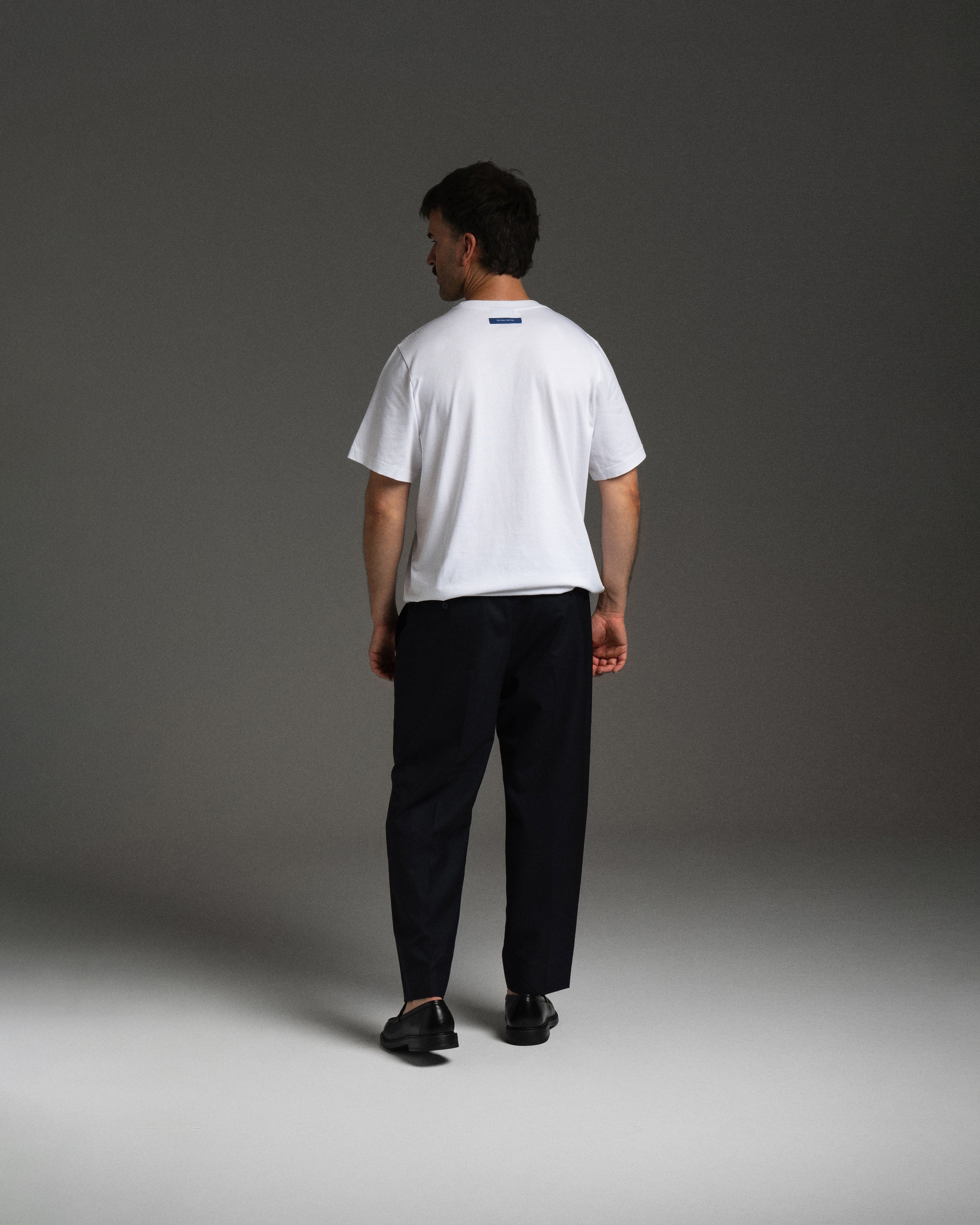 White SELECT DISTINCT ORIGIN Essentials No.1 T-shirt in 100% organic cotton, back view on male model.